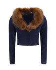 Self-Portrait Wool-Cashmere Faux Fur Collar Cardigan - Deep Blue