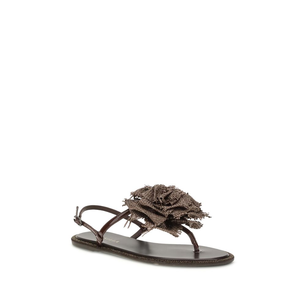 LE SILLA Rose Leather Flat Sandals - Brown
