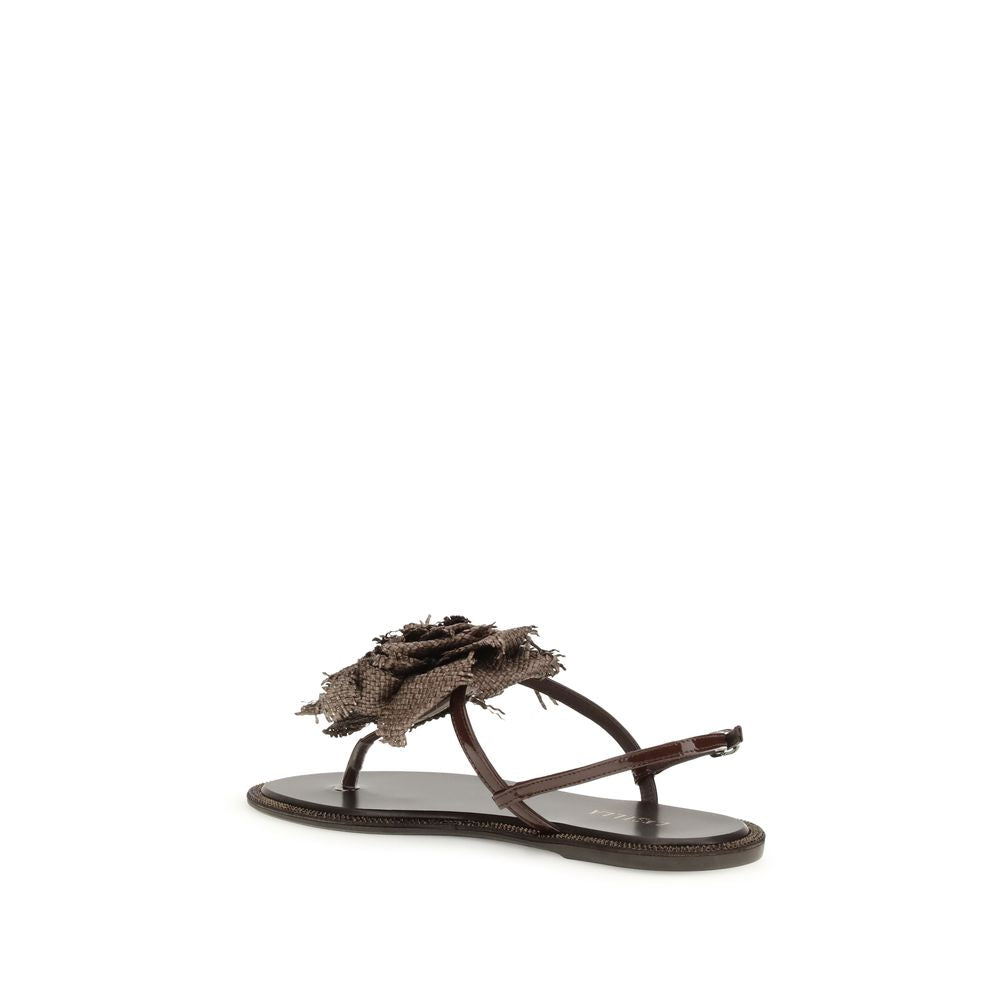 LE SILLA Rose Leather Flat Sandals - Brown