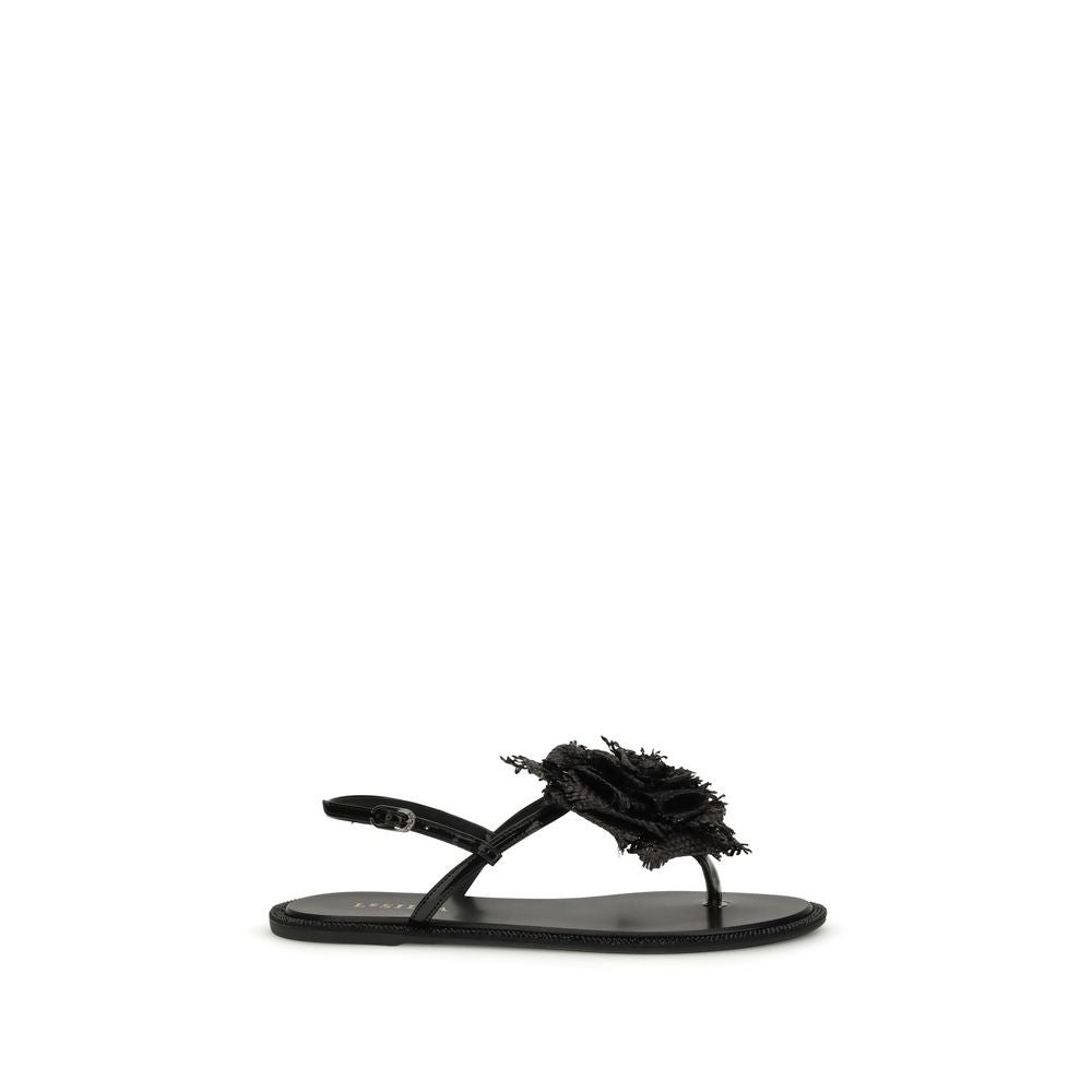 LE SILLA Rose Leather Flat Sandals - Black