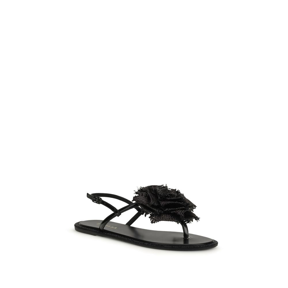 LE SILLA Rose Leather Flat Sandals - Black
