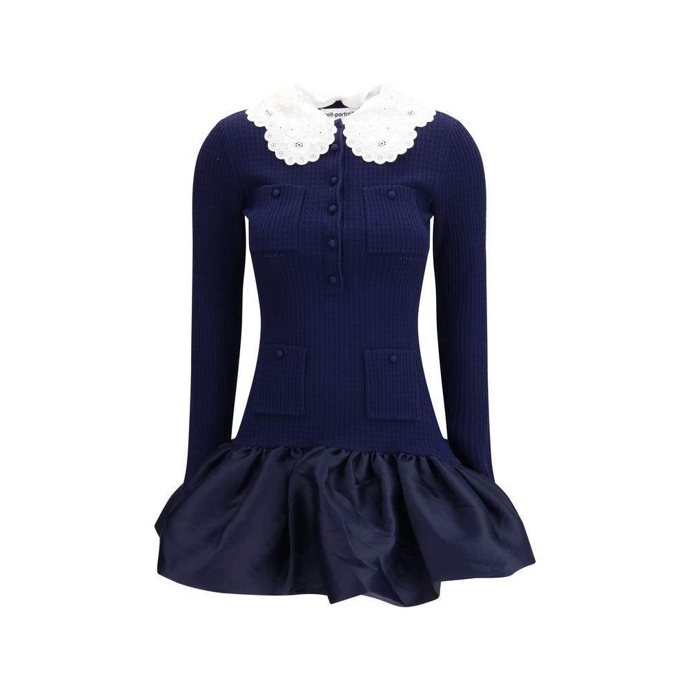 Self-Portrait Taffeta & Lace Knit Mini Dress - Dark Blue