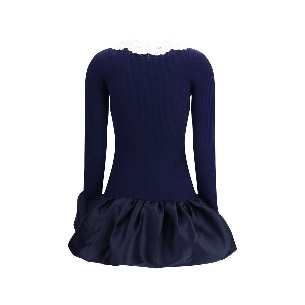 Self-Portrait Taffeta & Lace Knit Mini Dress - Dark Blue