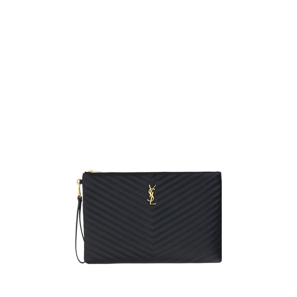 Saint Laurent Calfskin Leather Quilted Zip Pouch - Black