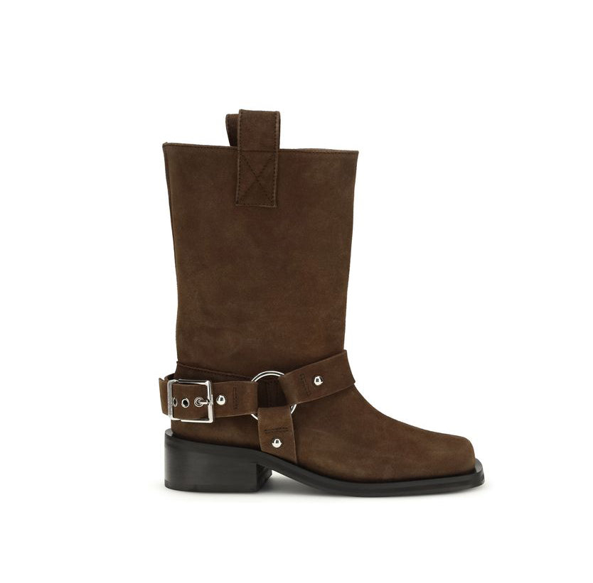 Ganni Suede Leather Biker Ankle Boots - Brown