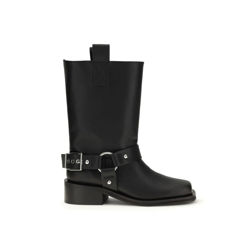 Ganni Leather Biker Boots - Black