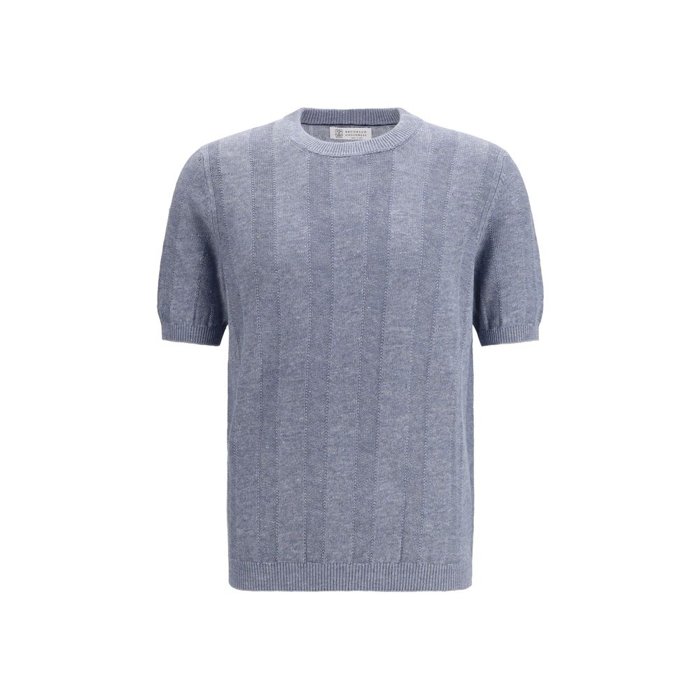 Brunello Cucinelli Blue Linen-Cotton Knit Top