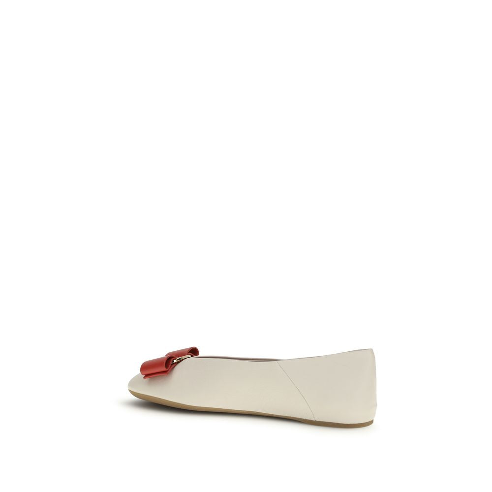 Ferragamo Vara Bow White Leather Ballet Flats
