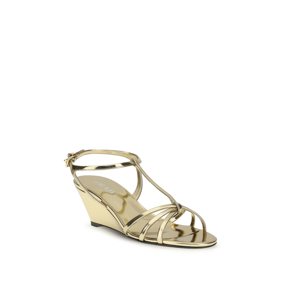 Prada Leather Wedge Sandals - Gold