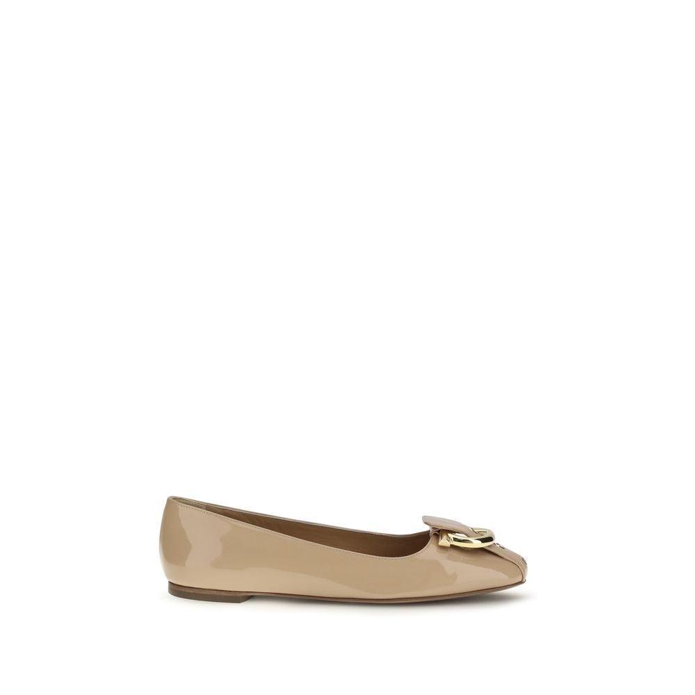 Ferragamo Beige Gancini Leather Ballet Flats