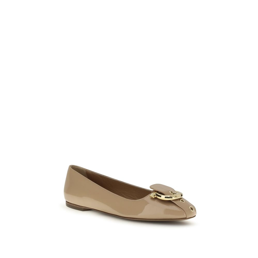 Ferragamo Beige Gancini Leather Ballet Flats