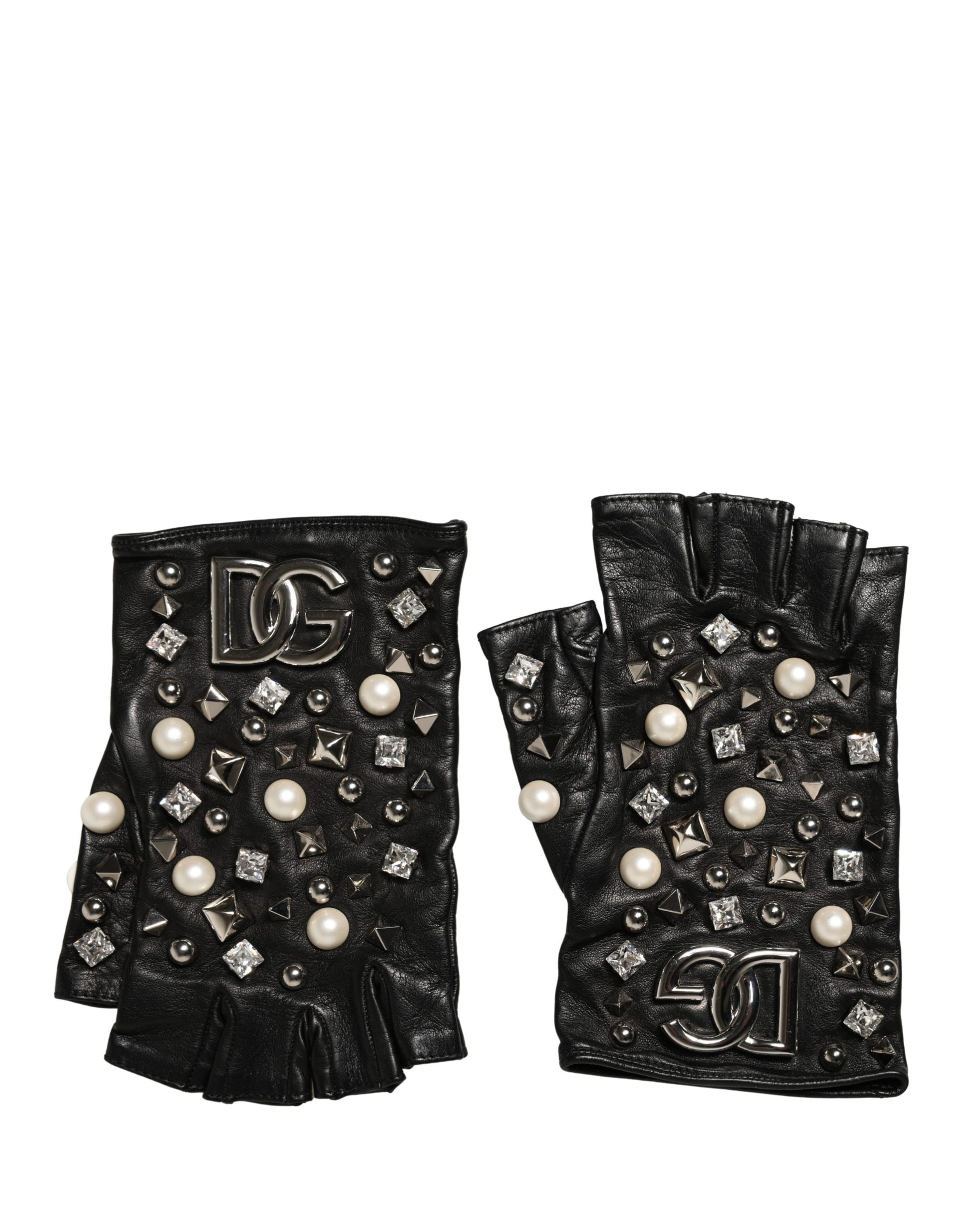 Dolce & Gabbana Pearl & Crystal Embellished Fingerless Gloves - Black