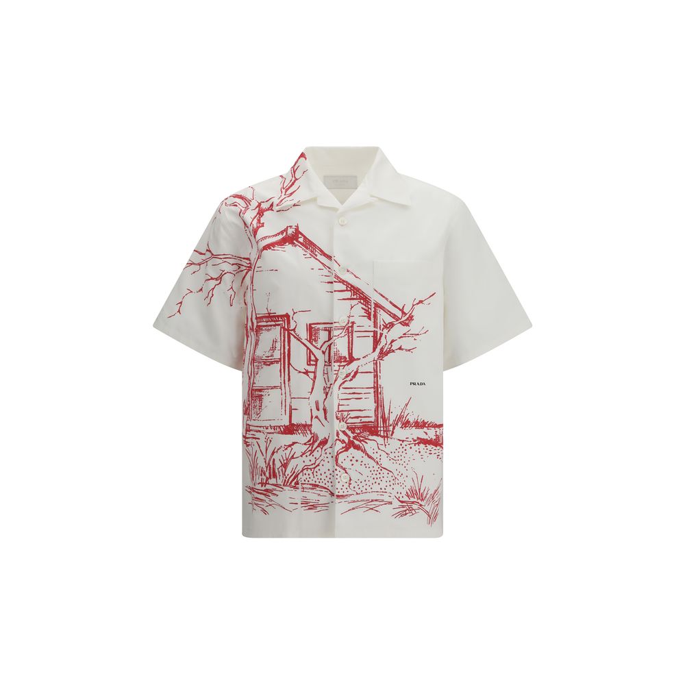 Prada Cotton Nature Print Bowling Shirt - Red &amp; White