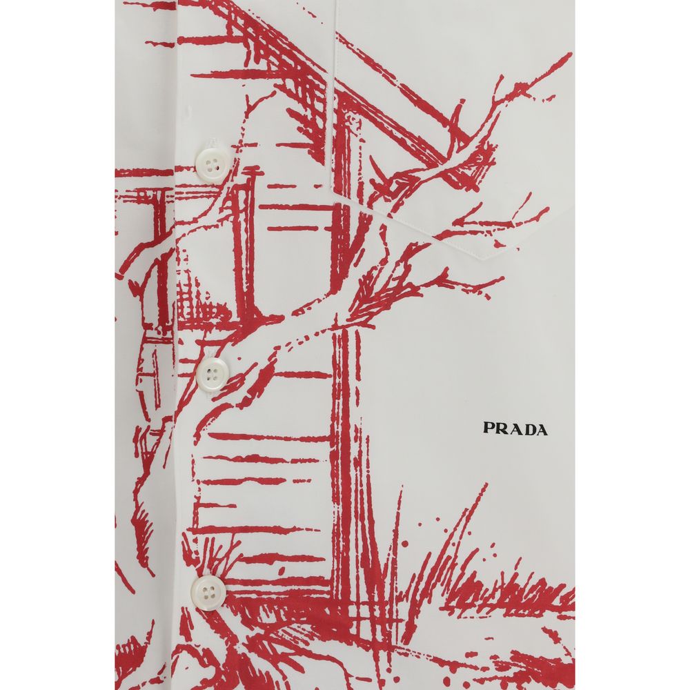 Prada Cotton Nature Print Bowling Shirt - Red &amp; White