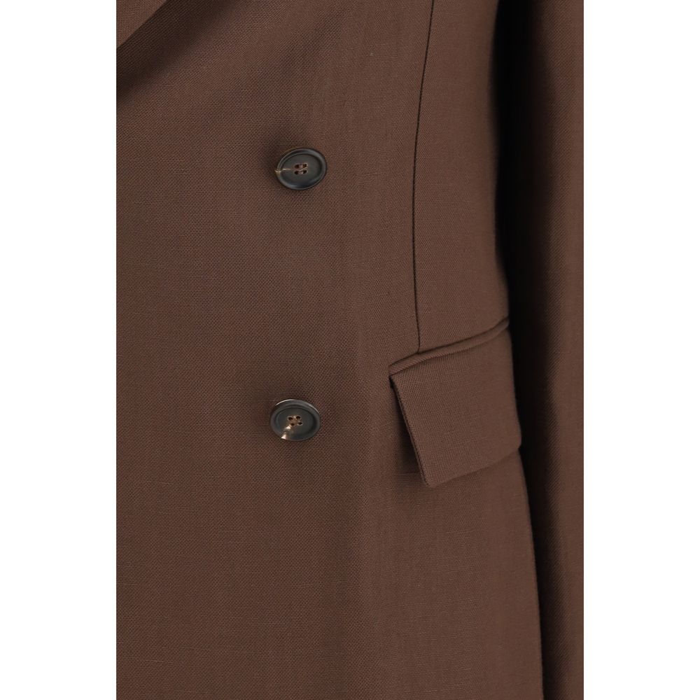 Brunello Cucinelli Double-Breasted Longline Linen Blazer - Brown