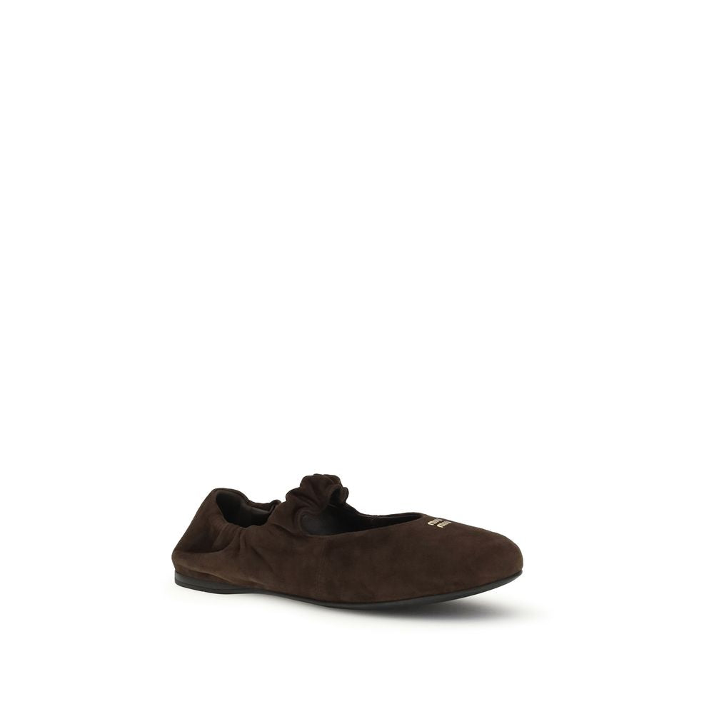 Miu Miu Suede Leather Mary Jane Ballet Flats - Dark Chocolate