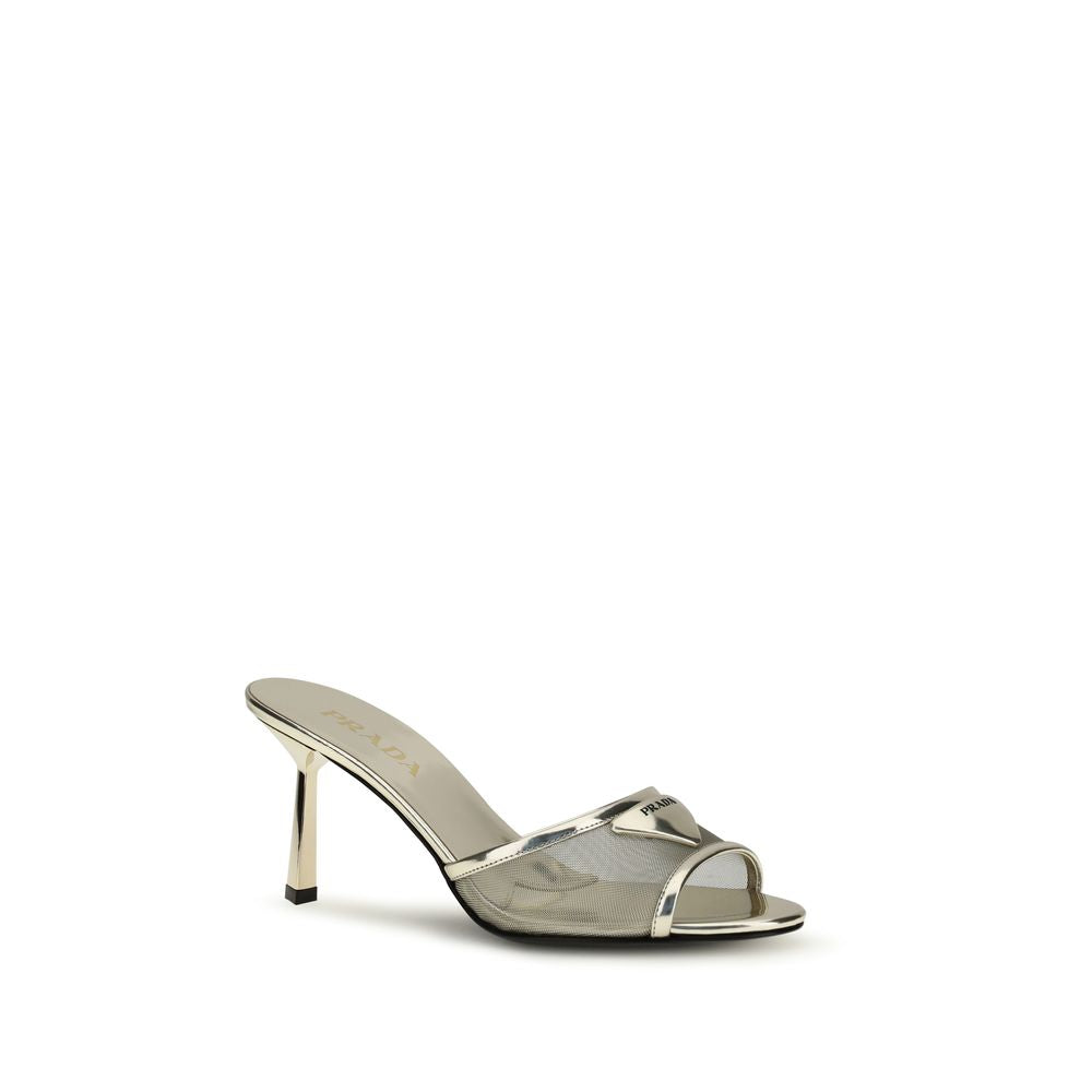 Prada Leather & Mesh Mule Sandals - Silver