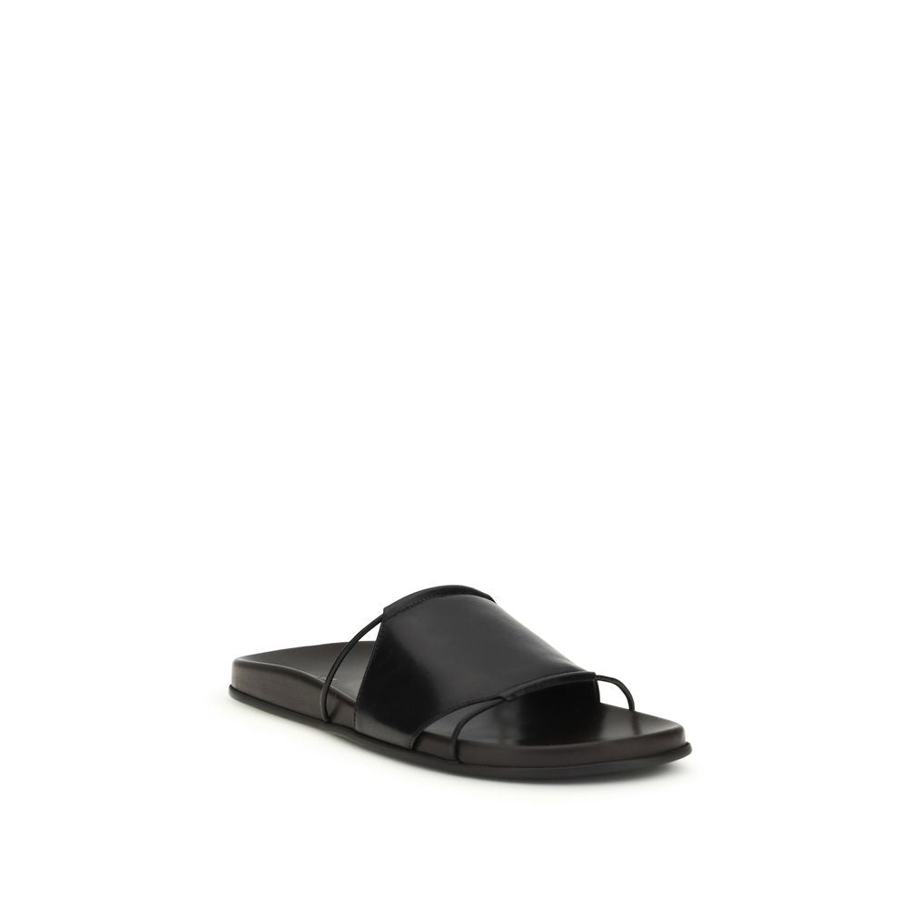 The Row Vivienne Leather Flat Sandals - Black