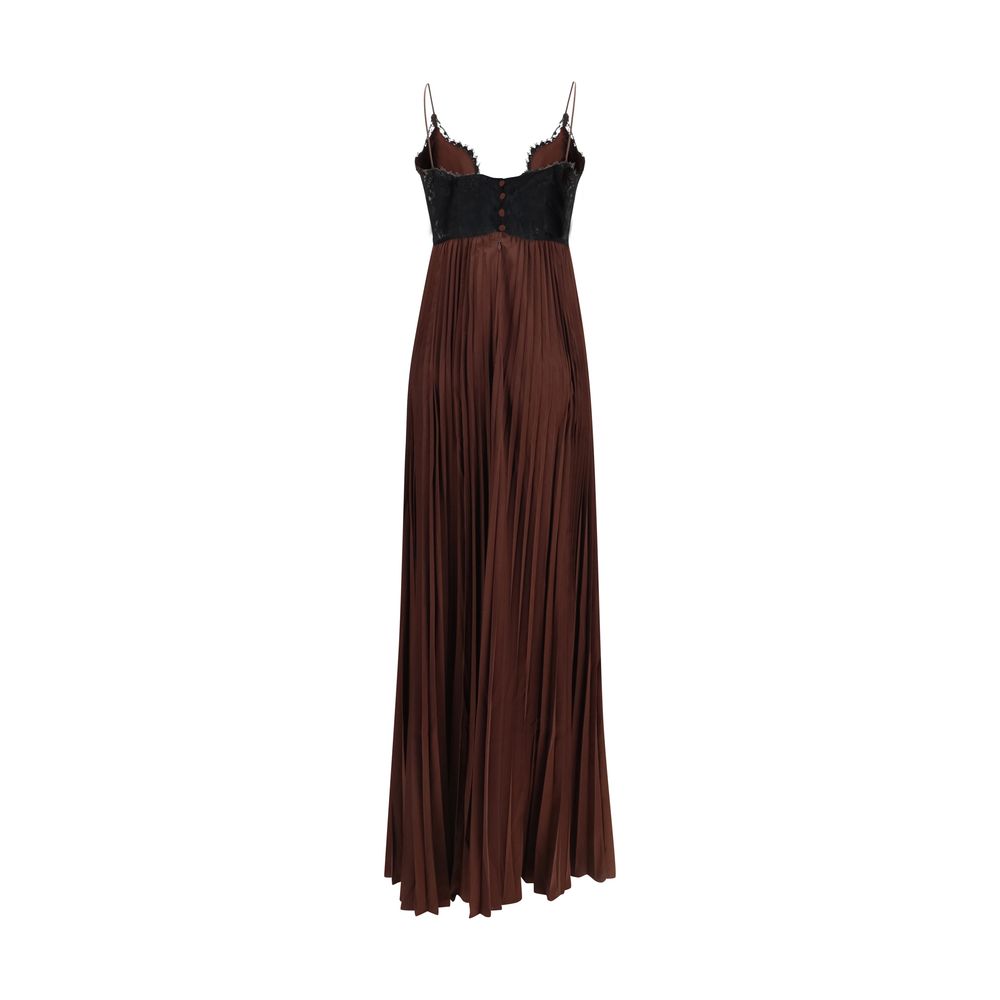 Self-Portrait Plunge Pleated Maxi Dress - Dark Brown