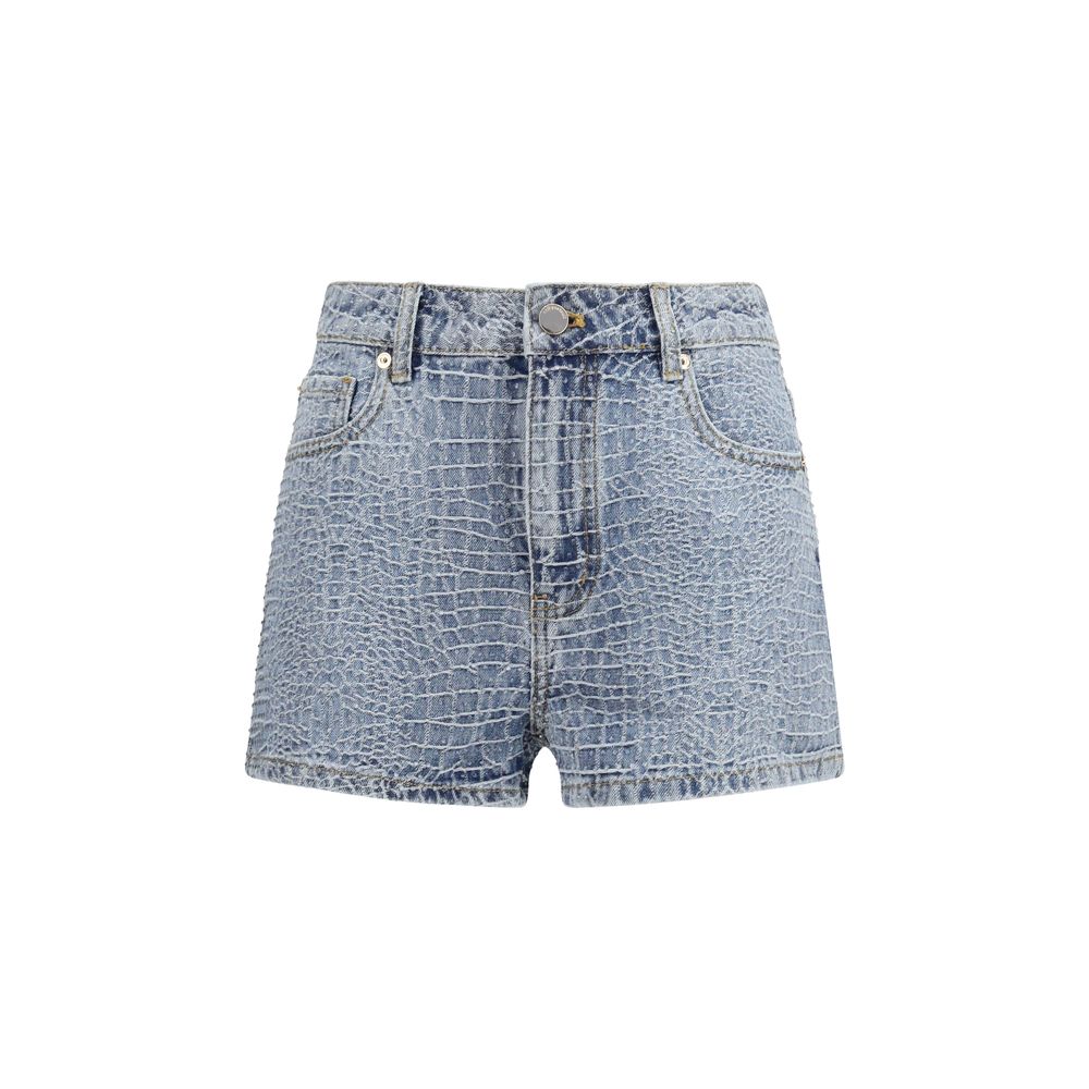 Self-Portrait Rhinestone Embellished Crocodile Embossed Denim Shorts