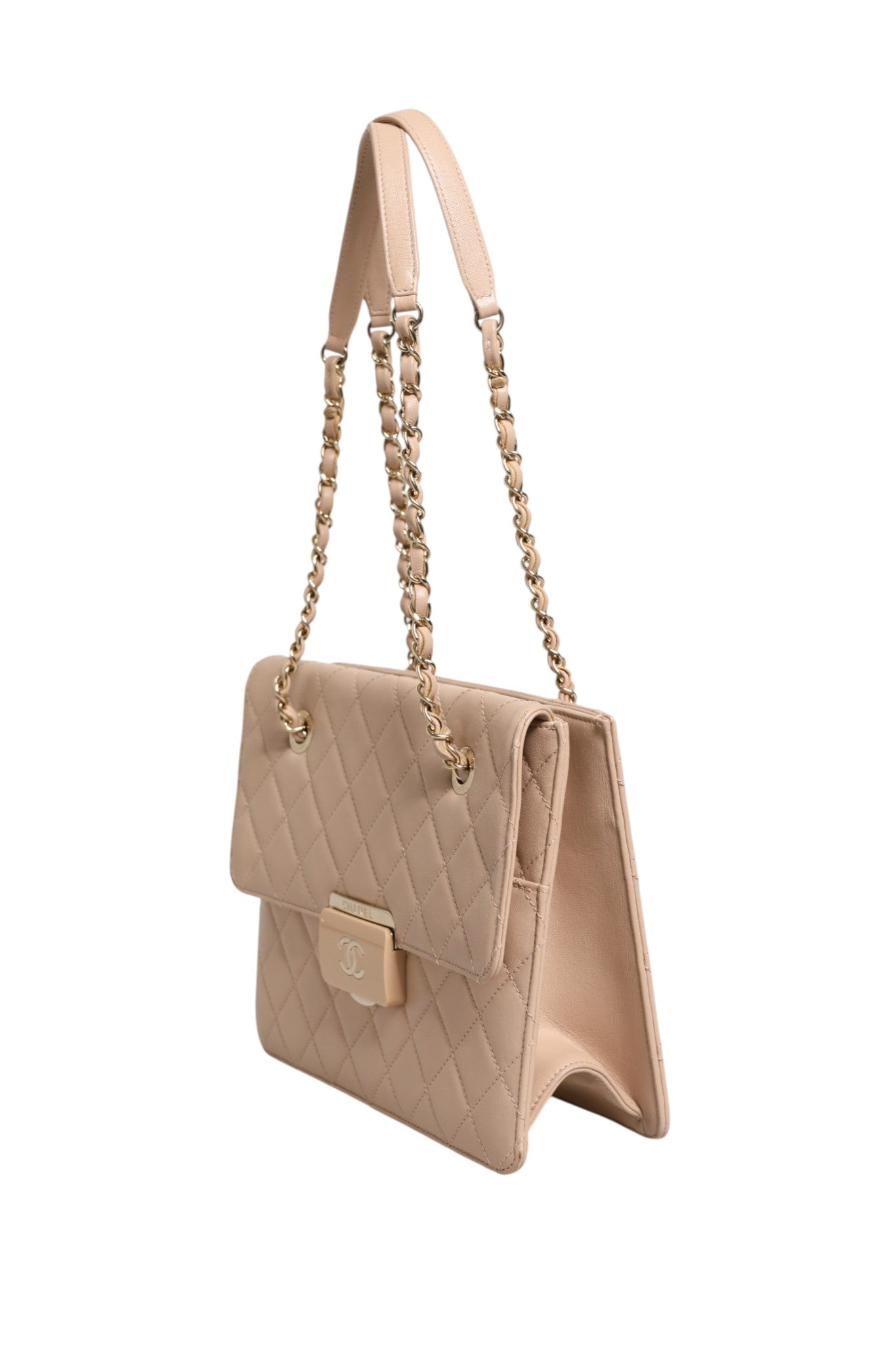 Chanel Quilted Leather Lock Flap Handbag - Beige