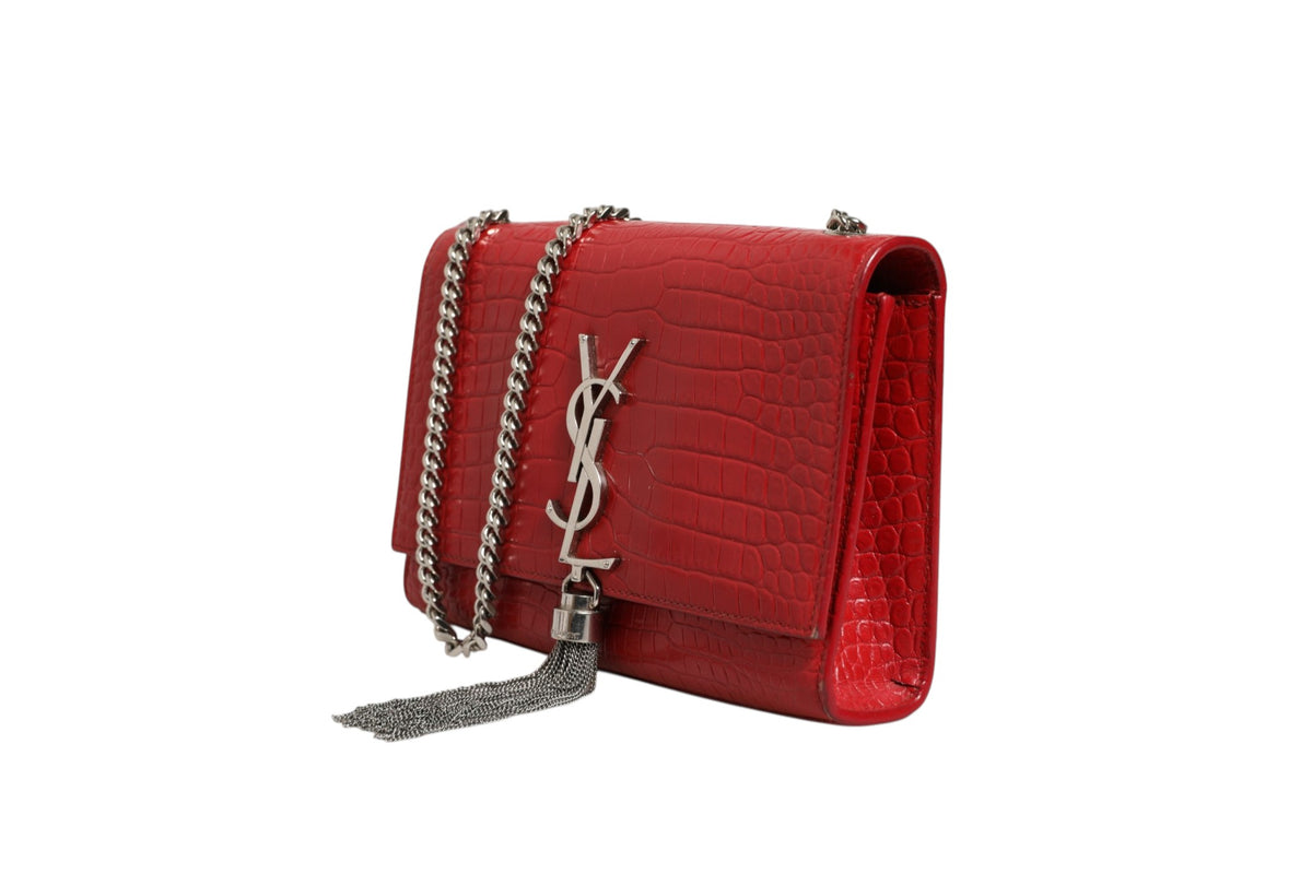 Saint Laurent Kate Tassel Chain Crocodile Embossed Leather Bag - Red