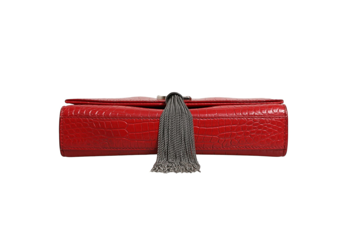 Saint Laurent Kate Tassel Chain Crocodile Embossed Leather Bag - Red