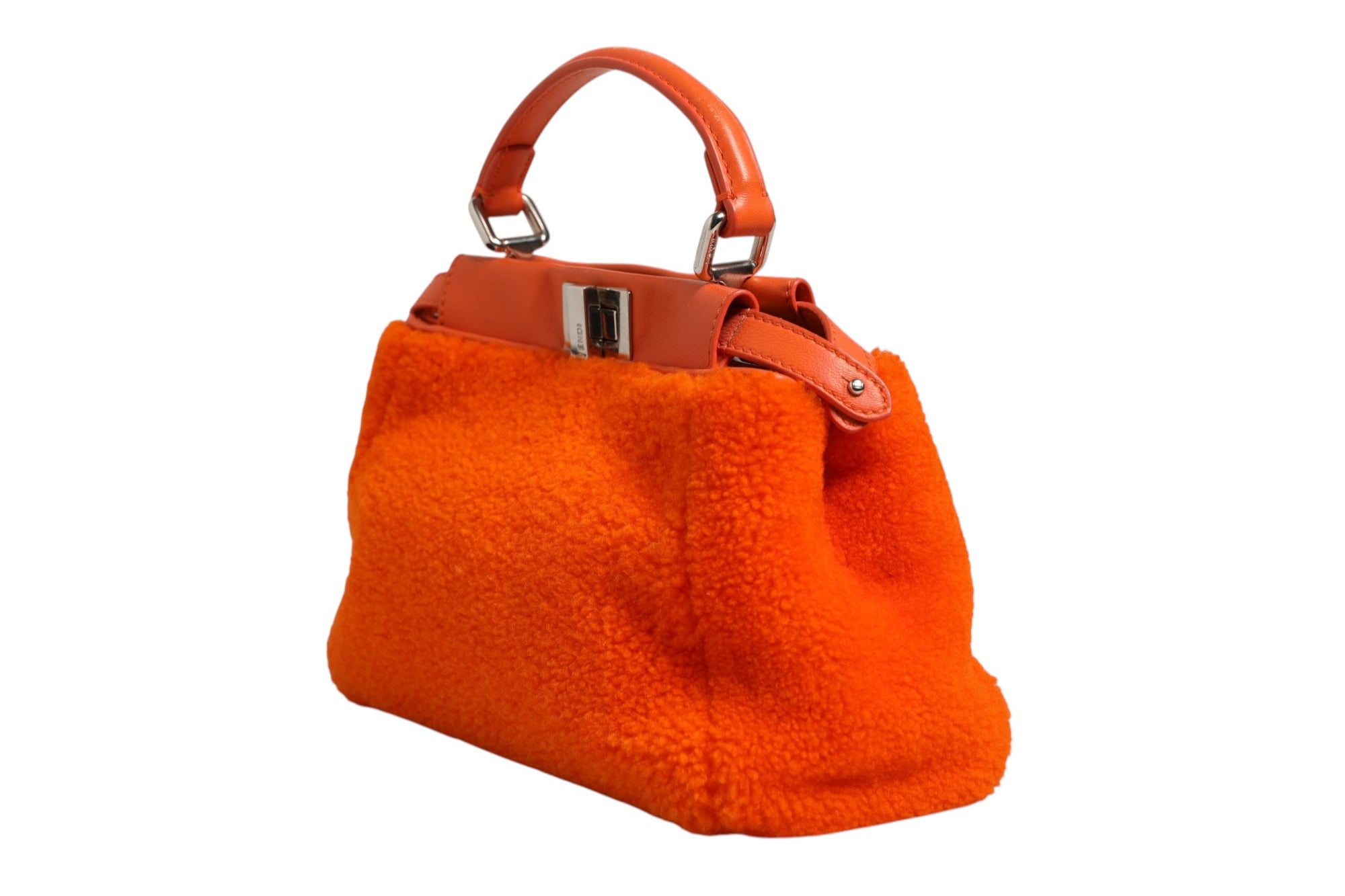 Fendi Leather & Shearling Mini Peekaboo Top Handle Bag - Orange