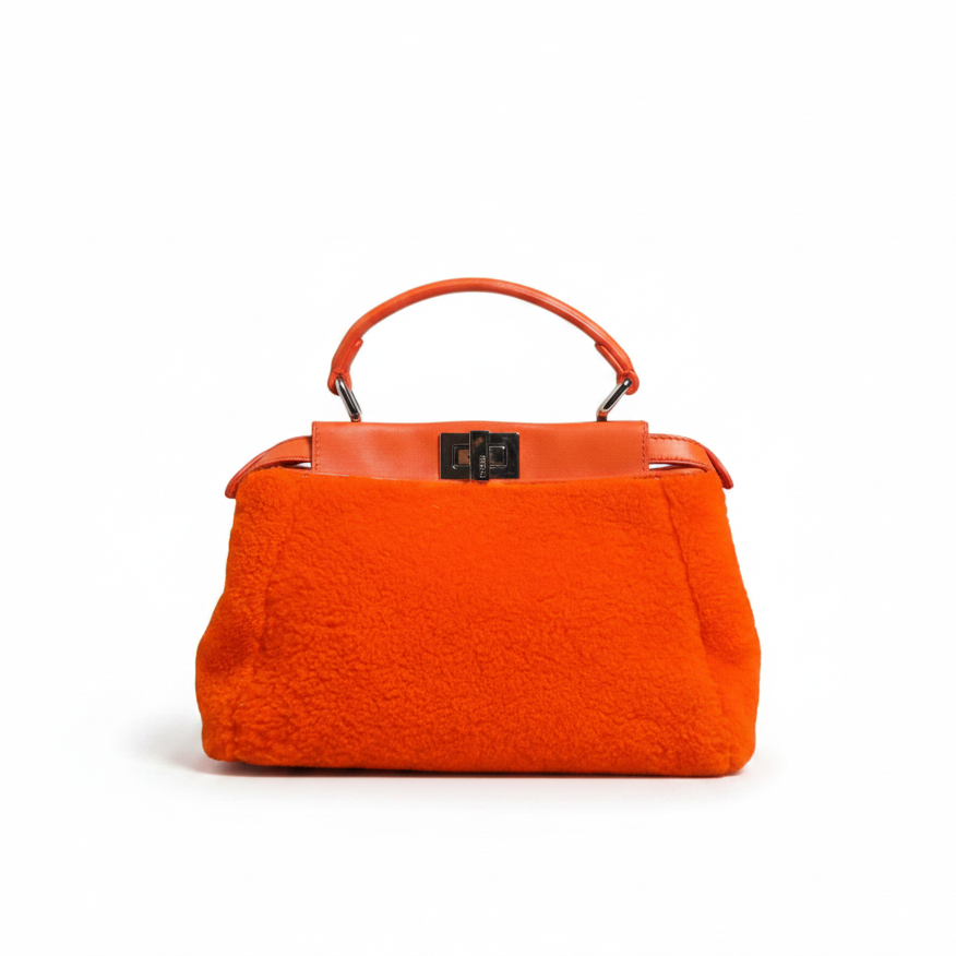 Fendi Leather & Shearling Mini Peekaboo Top Handle Bag - Orange