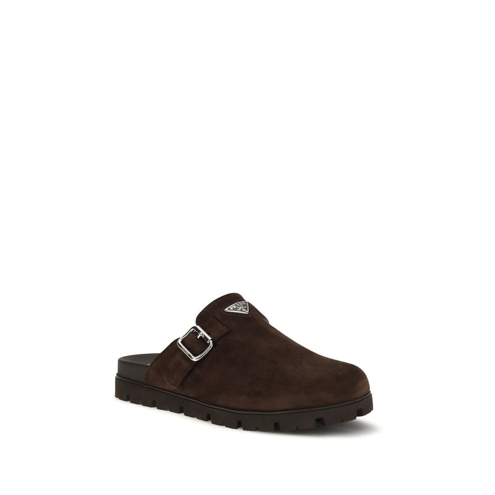 Prada Suede Leather Mule Flat Sandals - Dark Chocolate