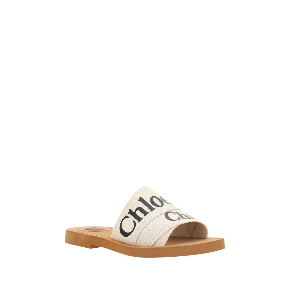 Chloé Linen Woody Mule Flat Sandals - White