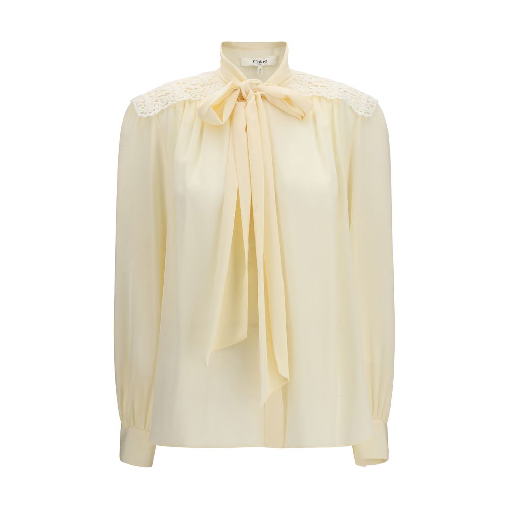 Chloé Lace &amp; Embroidery Tie Neck Blouse - Ivory/Beige