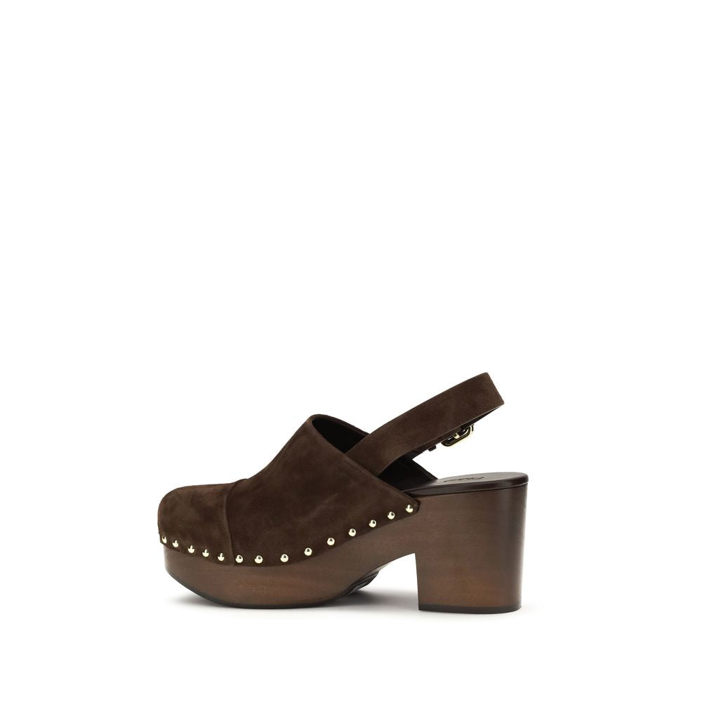Chloé Jeannette Heeled Clog Mules In Suede Leather - Brown