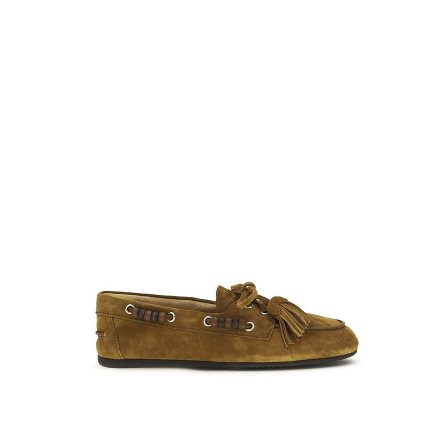 Miu Miu Suede Leather Slip On Boat Shoes - Tan Brown