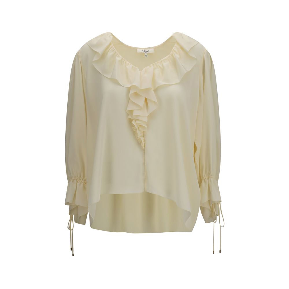 Chloé Silk Ruffled V-Neck Shirt - Beige