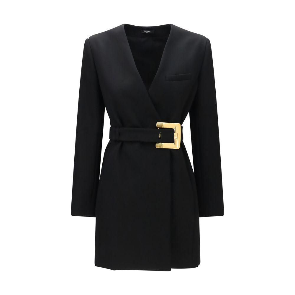Balmain Merino Wool Grain de Poudre Belted Long Blazer - Black