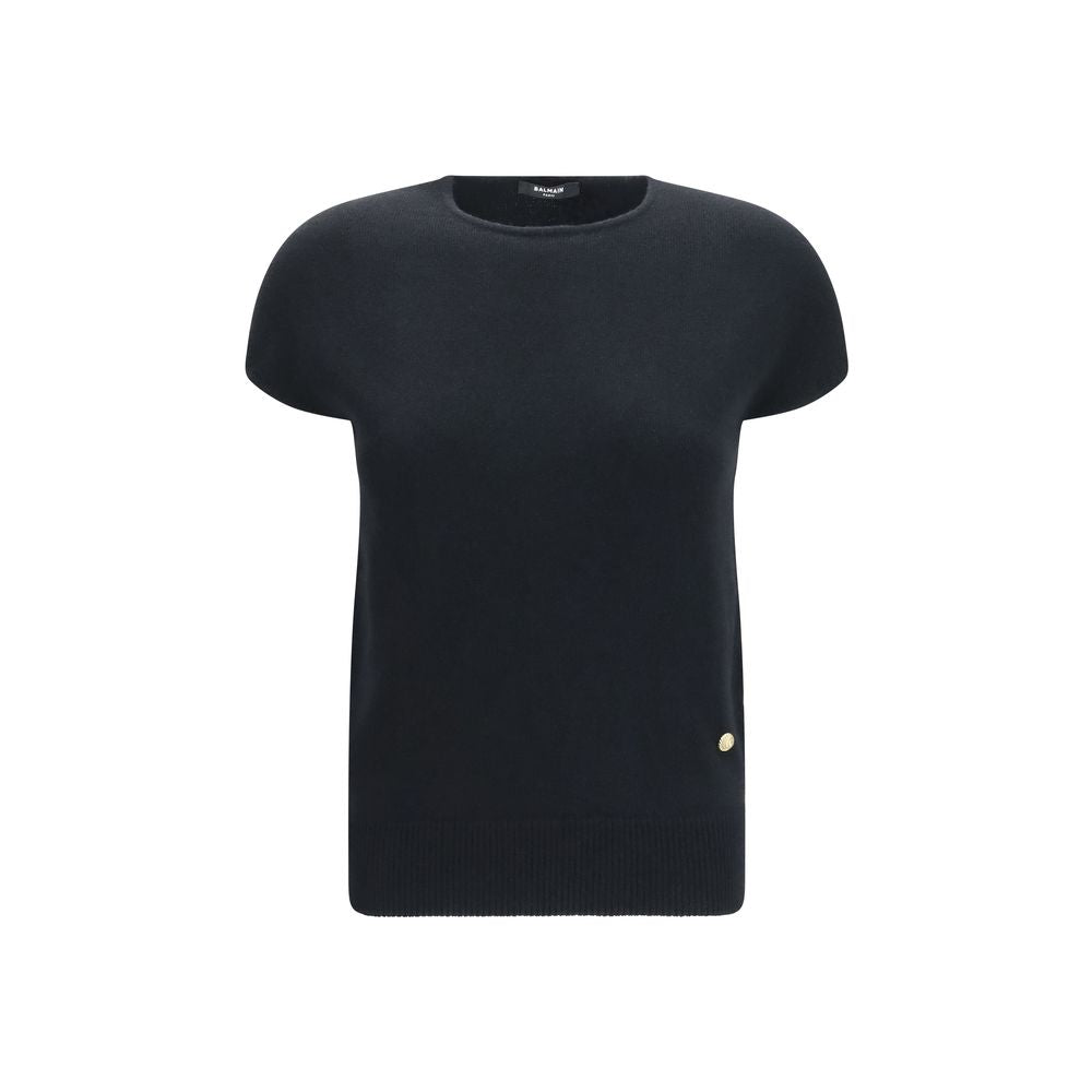 Balmain Wool-Cashmere Short Sleeve Knit Top - Black