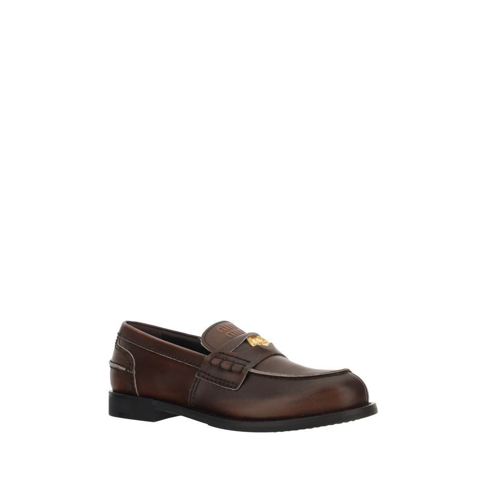 Miu Miu Logo Leather Loafers - Brown