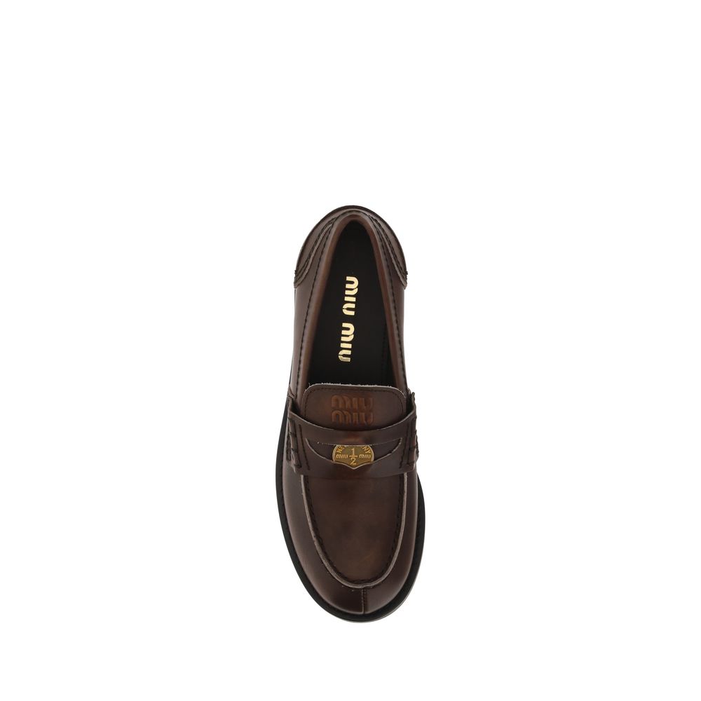 Miu Miu Logo Leather Loafers - Brown