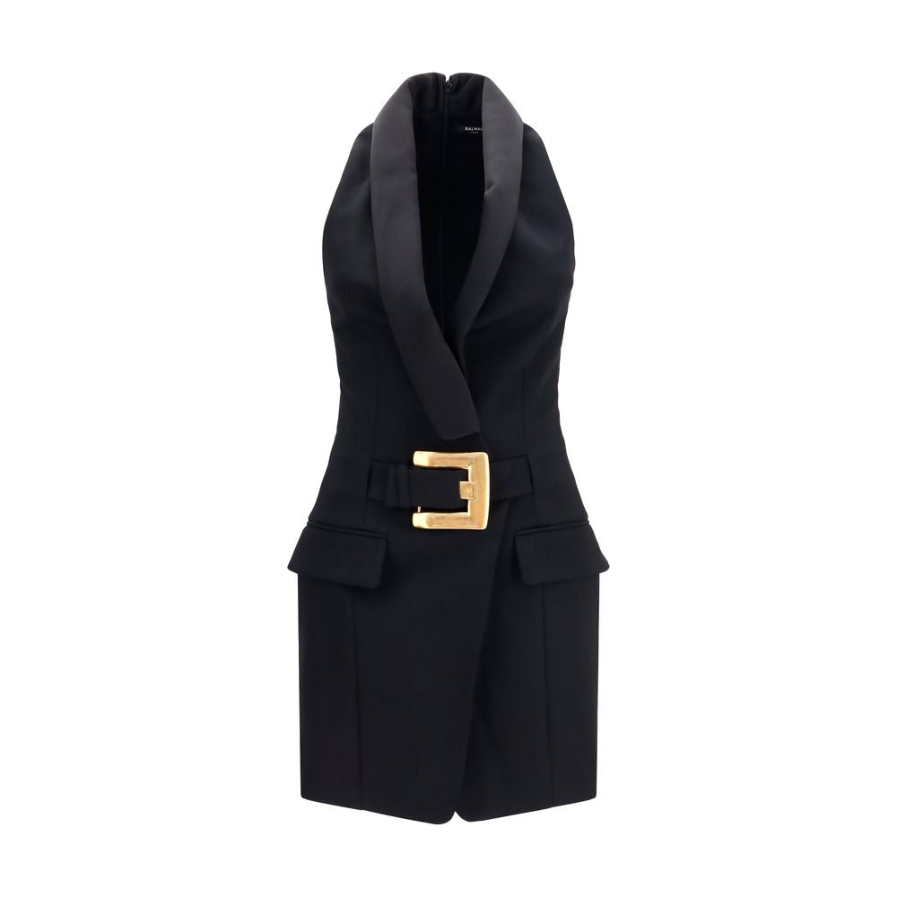 Balmain Merino Wool Belted Grain de Poudre Dress - Black