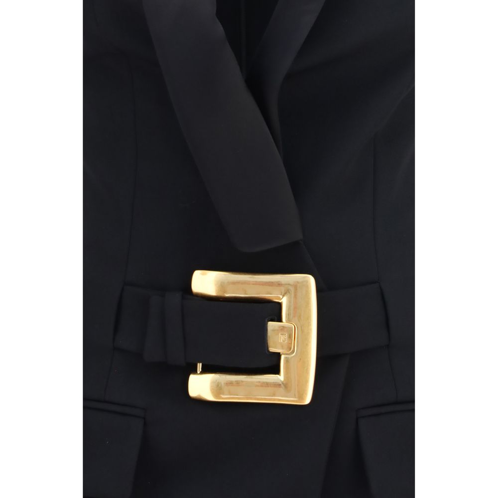 Balmain Merino Wool Belted Grain de Poudre Dress - Black