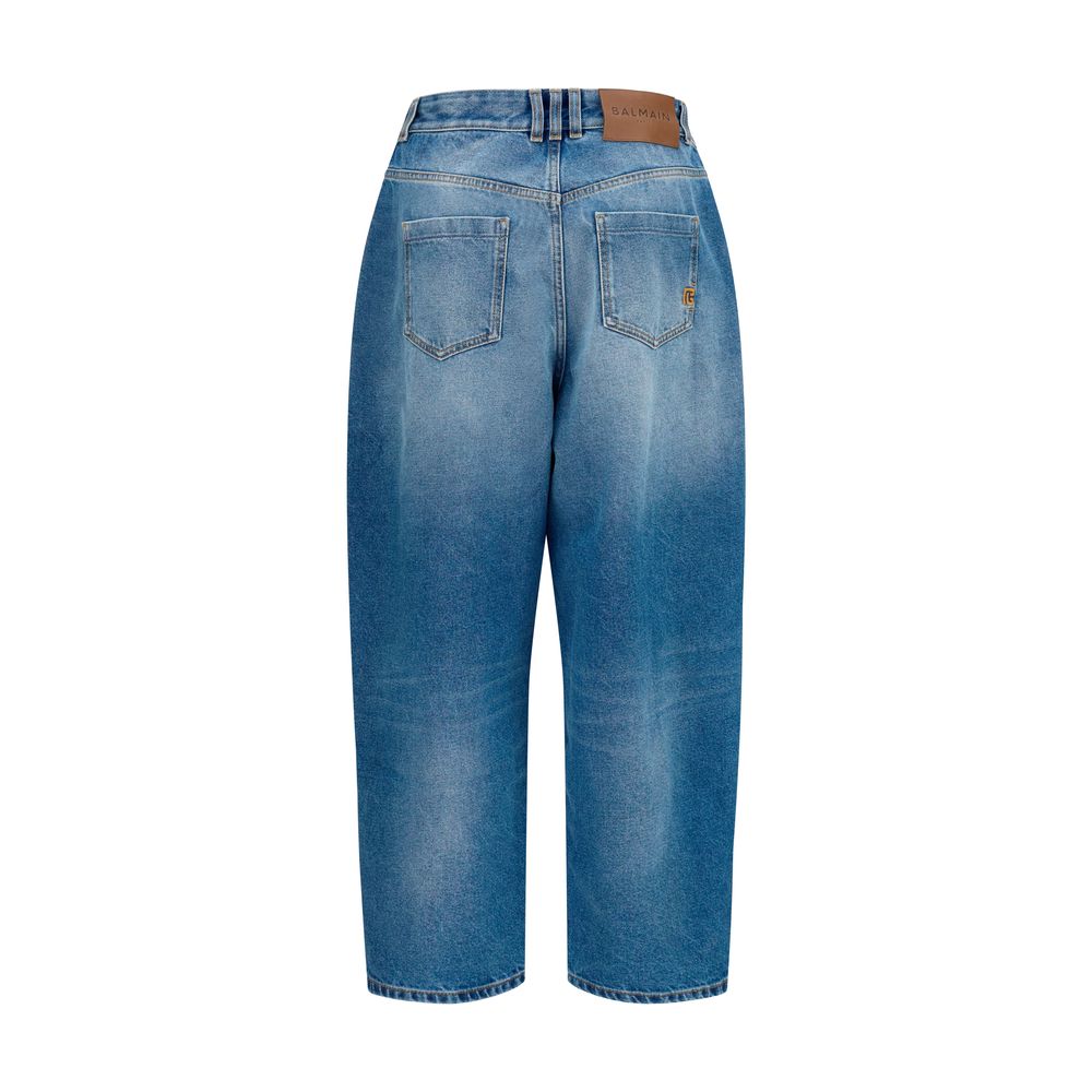 Balmain Relaxed Fit Barrel Leg Denim Jeans - Mid-Light Wash Blue