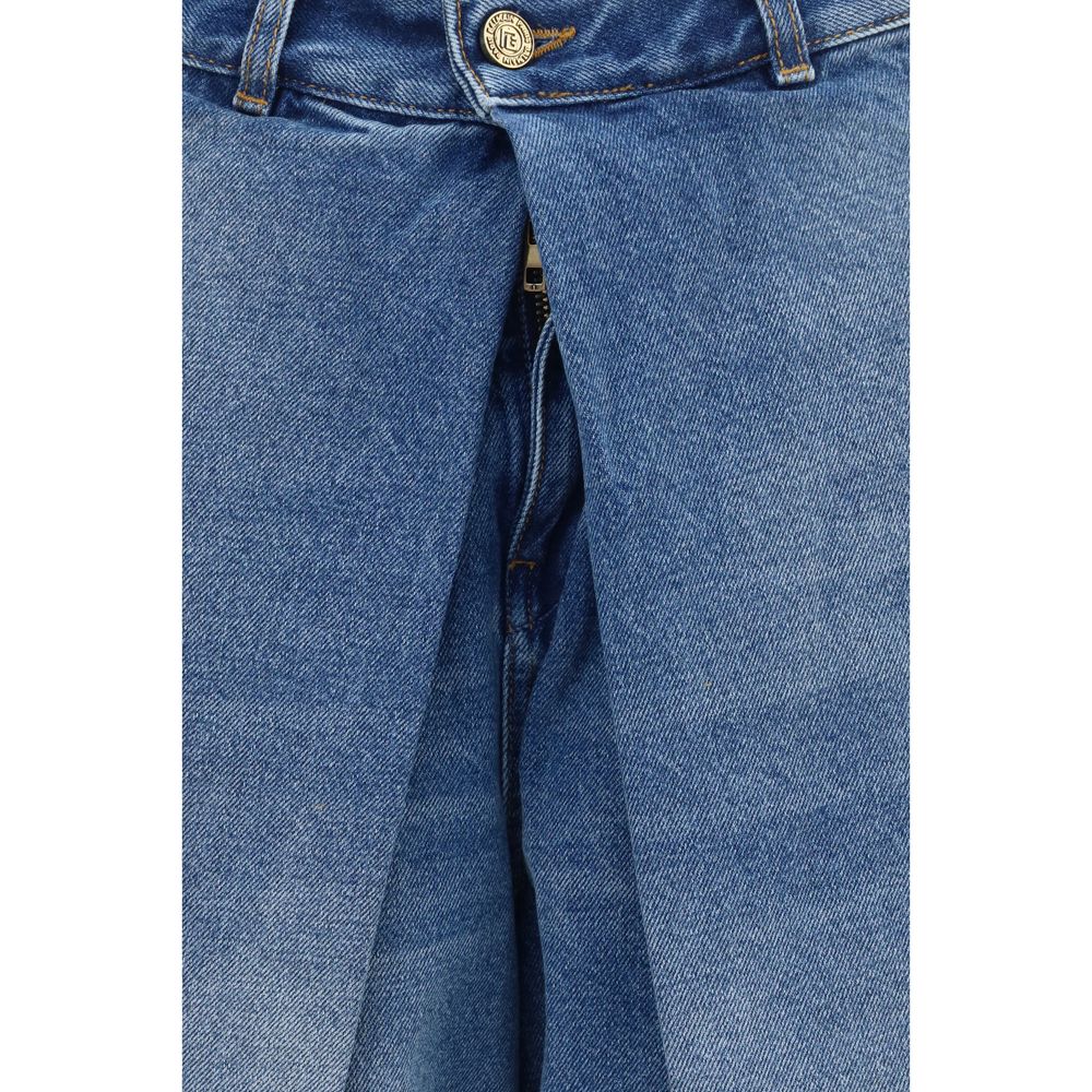 Balmain Relaxed Fit Barrel Leg Denim Jeans - Mid-Light Wash Blue