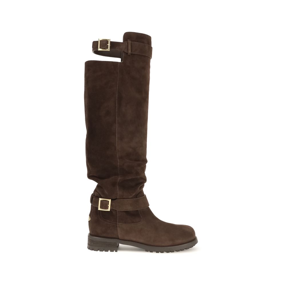 Jimmy Choo Over The Knee Biker KB Leather Boots - Brown