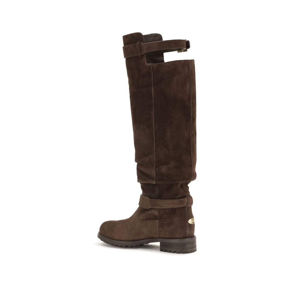 Jimmy Choo Over The Knee Biker KB Leather Boots - Brown