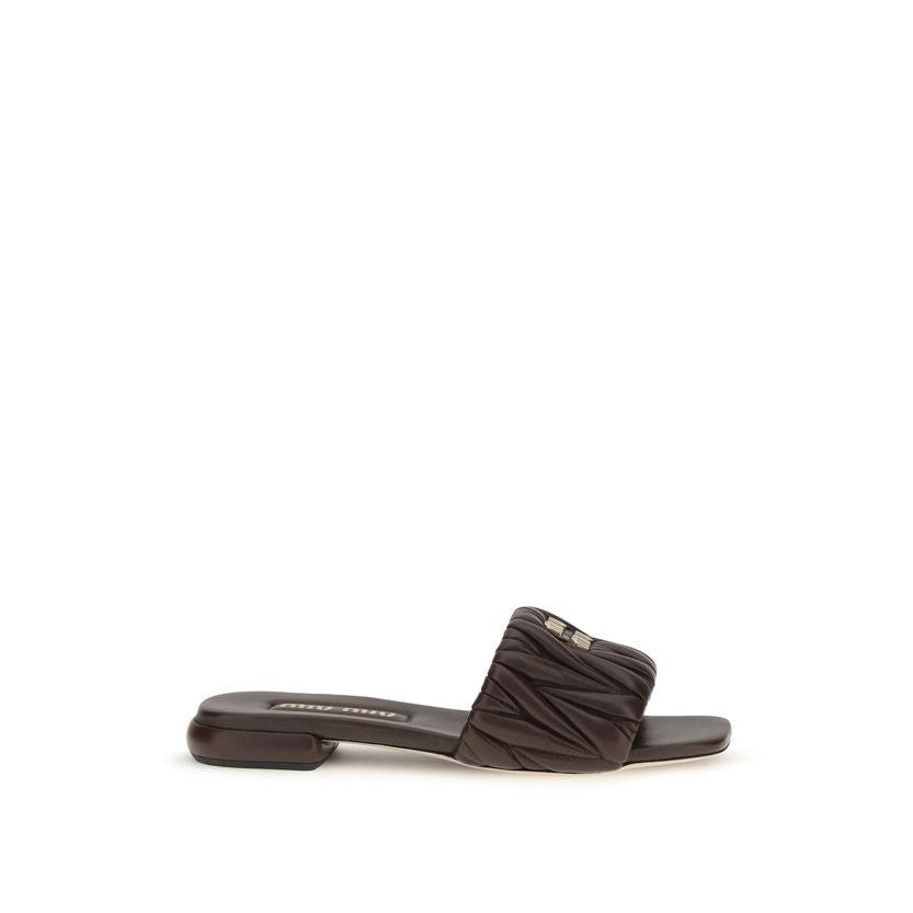 Miu Miu Matelassé Leather Flat Sandals - Brown