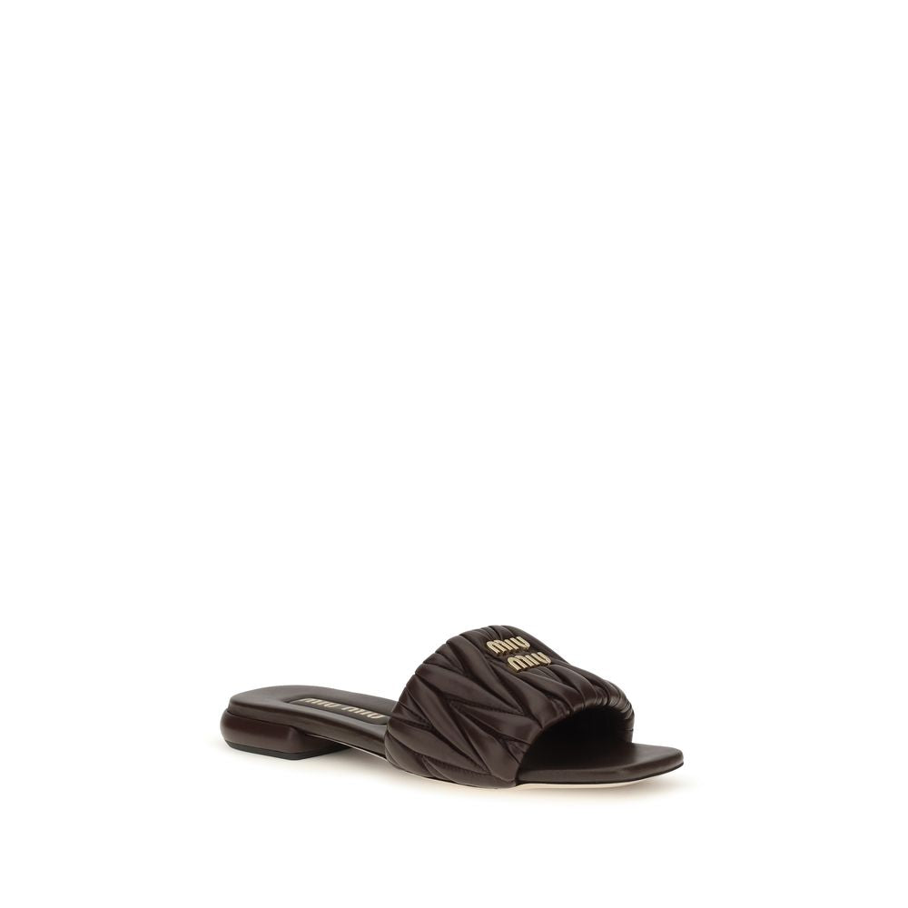 Miu Miu Matelassé Leather Flat Sandals - Brown