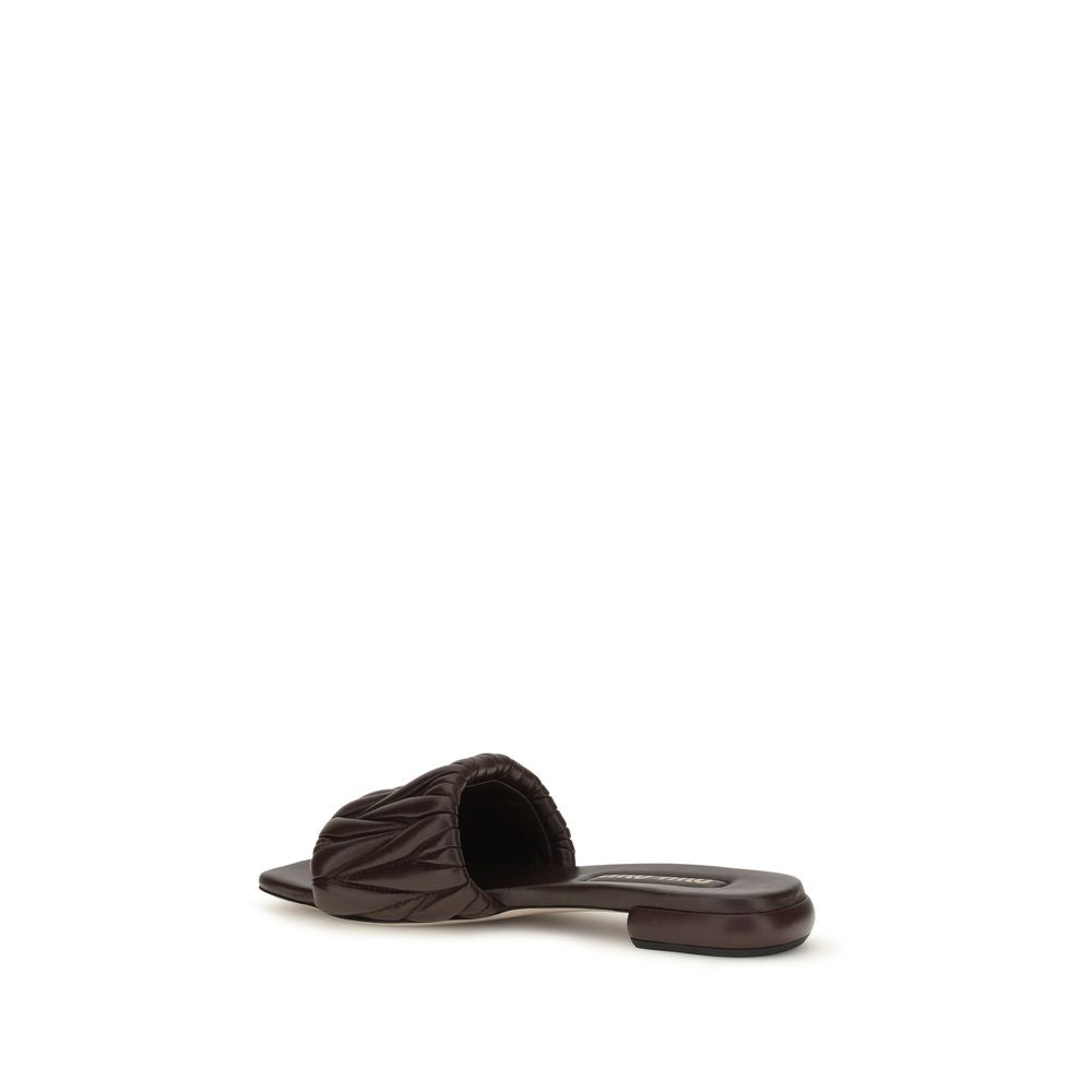 Miu Miu Matelassé Leather Flat Sandals - Brown