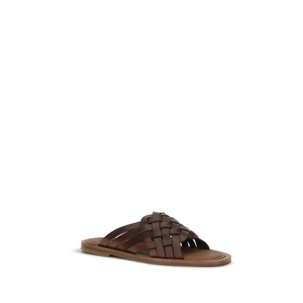 Miu Miu Woven Leather Flat Sandals - Dark Brown