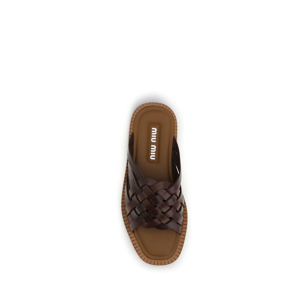 Miu Miu Woven Leather Flat Sandals - Dark Brown